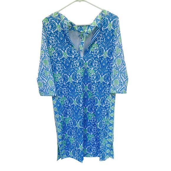 Gretchen Scott Bateau Dress Blue Green East India Print Tunic Stretch Sz Medium - Picture 3 of 5